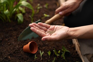 Cultivating Growth: A Close-Up of Hand Planting Seeds in Fresh Soil with Gardening Tools Nearby