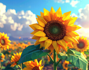 Bright 3D Sunflower in Field &mdash; Realistic Nature Illustration