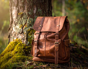 Brown Hiking Backpack Near Tree &mdash; Outdoor Camping Illustration
