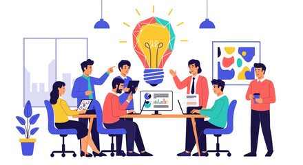 Team Brainstorming Session with a Large Lightbulb Idea.