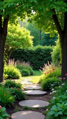 Fototapeta premium Tranquil backyard oasis featuring lush greenery, a stone pathway, and meticulously manicured flowerbeds Perfect for relaxation and outdoor living , scenery, design