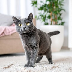 Gray cat on beige carpet in a living room