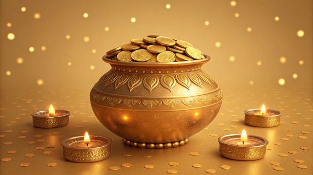 Golden Kalash Overflowing with Coins Surrounded by Diyas and Sparkles During Diwali Celebrations