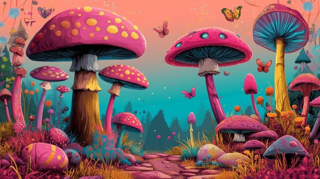 A whimsical illustration features mushrooms, butterflies, and plants, framed within a scene that includes space for text
