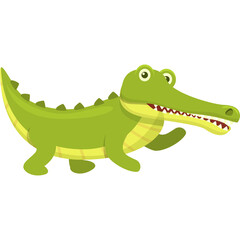 Green Crocodile Cartoon Character Walking With Open Mouth And Big Eyes Against White Background