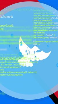 Animation of data processing over globe with dove on ukraine and russia map