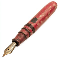 A watercolor illustration of a maroon fountain pen featuring a gold-colored nib, isolated on a white background with a leaf-shaped design
