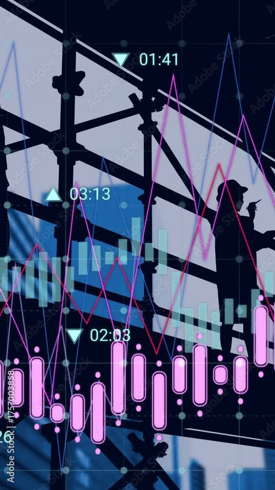 Wall mural animation of female architect on scaffolding, financial data processing and statistics