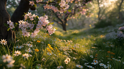 Springtime's Embrace: Witness the delicate dance of sunlight filtering through blossoms, painting the scene with a serene glow, creating a moment of pure bliss.