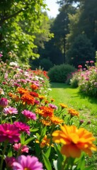 Fototapeta premium Vibrant, colorful patch garden bursting with blooming flowers and lush greenery in a sunny backyard Perfect for gardening, nature, and spring themes , texture, sunlight, blossom