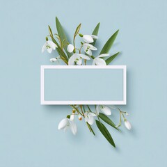 Snowdrop flowers frame background light blue spring floral arrangement flat lay copy space for text design