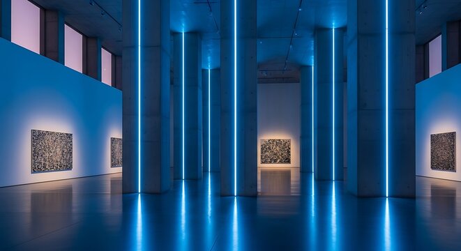 A modern art gallery interior showcasing abstract paintings illuminated by blue neon lights.