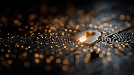 Cyber Security Lock: A glowing digital lock overlaid on a intricate circuit board. The image evokes a sense of protection and the complexities of our digital world.
