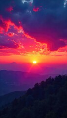 Fototapeta premium Vibrant hues paint the sky as the sun dips below the horizon, a breathtaking display of orange, pink, and purple Perfect for travel, nature, and weather-related projects , sky, fiery, vibrant