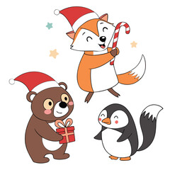 Cute Christmas Animals with Gifts and Candy Cane bear vector