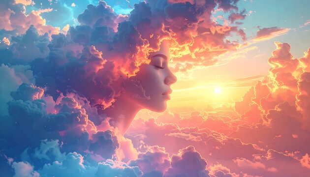 Silhouette of a face merging with clouds and golden sunlight - Powered by Adobe