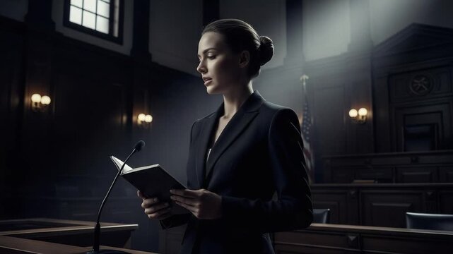 female lawyer stands at courtroom podium