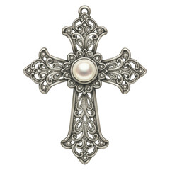 Ornate antique silver religious cross pendant featuring a central round white pearl isolate