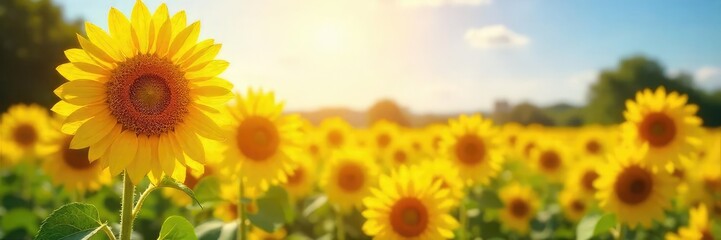 Fototapeta premium Vibrant yellow sunflowers in a field, bathed in bright sunlight, creating a cheerful and sunny scene Perfect for summer, happiness, and nature themes , flowers, bright, yellow