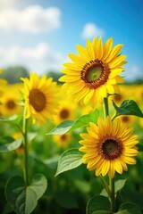 Obraz premium Vibrant yellow sunflowers in full bloom, swaying gently in a summer field A breathtaking display of nature's beauty, perfect for summer themes and bright backgrounds , vibrant, agriculture