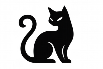 Black cat silhouette sitting with glowing eyes, representing halloween, witchcraft, and mystery on transparent background