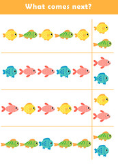 Naklejka premium What comes next? Educational logic game for kids with cute fish illustration. Worksheet for children.