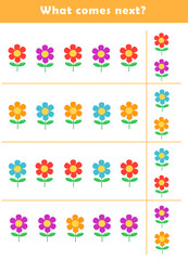 What comes next? Educational logic game for kids with cute flowers illustration. Worksheet for children.