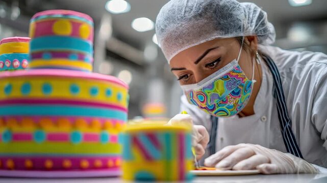 A skilled baker carefully decorates bright cakes with intricate designs in a bustling kitchen