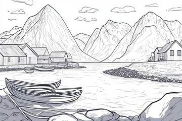 A single line drawing of a peaceful Faroese village surrounded by mountains and featuring boats in the harbor, representing serenity, nature, community, and coastal living