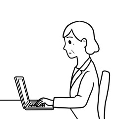 真剣な表情のシニア女性 パソコン作業中（線画のみ・横向き）