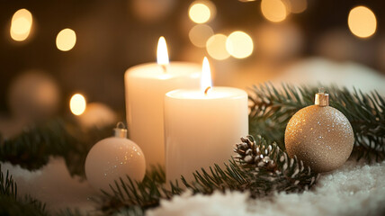 white candles surrounded by pine branches and ornaments. Christmas decoration with warm and cozy light