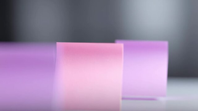 Colored sticky note paper pastel purple and pink arranged row white surface creating calm organized atmosphere for collaboration