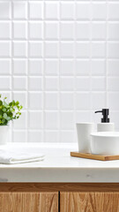 An interior bathroom table with a white mosaic tiles wall.