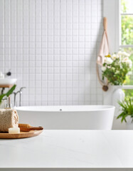 An interior bathroom table with a white mosaic tiles wall.