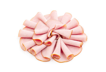 Slices of tasty fresh ham isolated on white