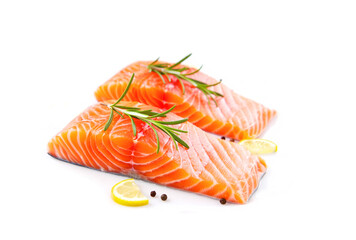 Fresh salmon fillet, spices and lemon slices on white background