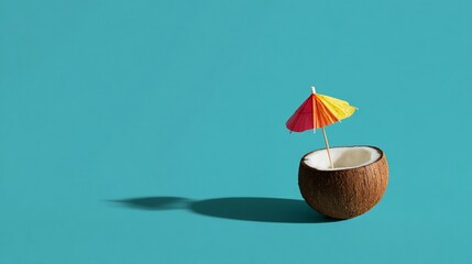 Coconut cocktail drink summer vacation concept with colorful umbrella on blue background studio shot