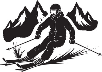 Black and white graphic of skier descending mountain slope