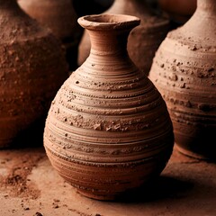 a reddish-brown clay jar with a rough texture and natural swirls created by the turning of a potter's wheel. Its unpolished surface indicates the early stages of the production process before firing