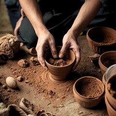 a pair of hands shaping clay into a small vase on a potter's wheel.The gentle yet purposeful movements demonstrate the skill and concentration involved in this craft