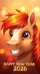Cartoon fire horse symbolizing New Year 2026 with cheerful festive wishes