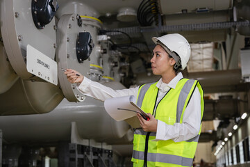inspecting high-voltage gas-insulated switchgear (GIS), Female engineer in safety helmet, reflective vest inside a power plant, taking notes on clipboard, symbol of industrial safety, professionalism