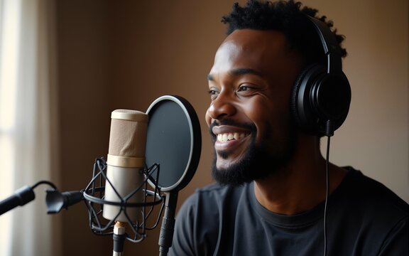 Delighted black man recording podcast and talking in mic. High quality