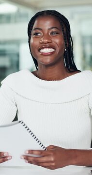 Business, handshake and woman with documents, hiring and welcome with smile, offer or agreement. Contract, shaking hands or person with recruitment, resume or job interview with onboarding or goals