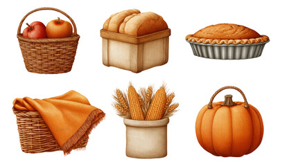 Autumn Harvest Collection with Fruits, Breads, and Decorative Elements Isolated on White