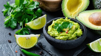 Fresh and Creamy Guacamole Dip with Avocado, Cilantro, Lime, and Jalape&ntilde;o Slices in a Rustic Black Bowl