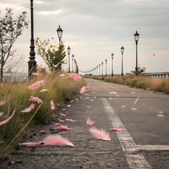 soft pink feathers gently falling onto a retro sty