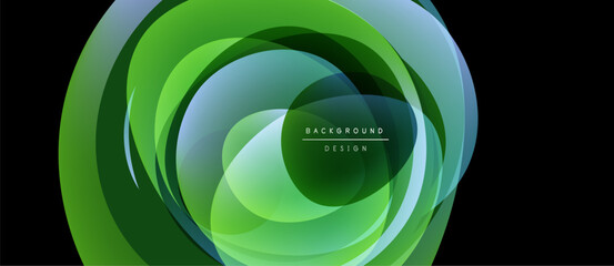 Abstract green layers create dynamic oval composition. Modern design element with text overlay, smooth gradients, vibrant colors.