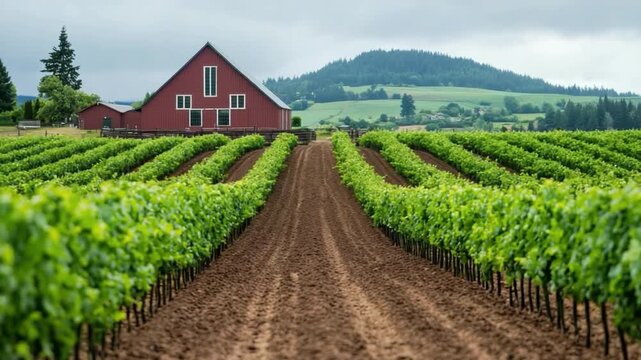 Scenic Vineyard Landscape with Rows of Grape Vines Leading Towards a Red Barn under a Cloudy Sky 4k video footage