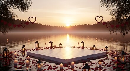 A romantic floating platform on a serene lake, adorned with glowing lanterns and scattered rose petals, under a breathtaking sunset with heart decorations.